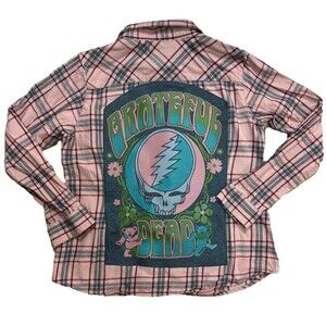 Grateful Dead Upcycled Women’s Flannel Shirt Size XL Retro Rock N Roll Pink Gray